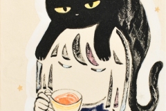 ⑫ねこかぶり《カップ》　紙本彩色、雲肌麻紙、岩絵具　F0（18×14㎝）　￥18700